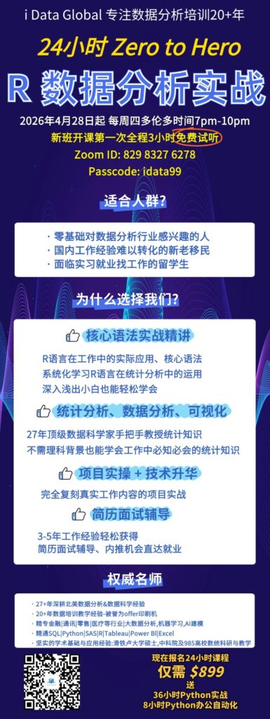 培训海报：24小时 Zero to Hero 数据分析实战课程，含 Zoom ID 829 8327 6278、Passcode idata99 等报名信息。