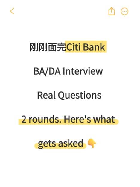 Slide showing the Citi Bank logo highlighted in yellow, with the text'BA/DA Interview Real Questions' and '2 rounds. Here's what gets asked' accompanied by a downward pointing emoji.