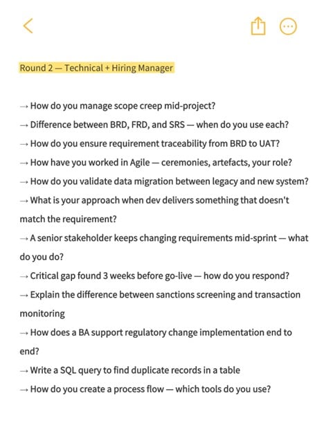 Slide titled'Round 2 — Technical + Hiring Manager' with a bulleted list of interview questions about project management and tech processes.