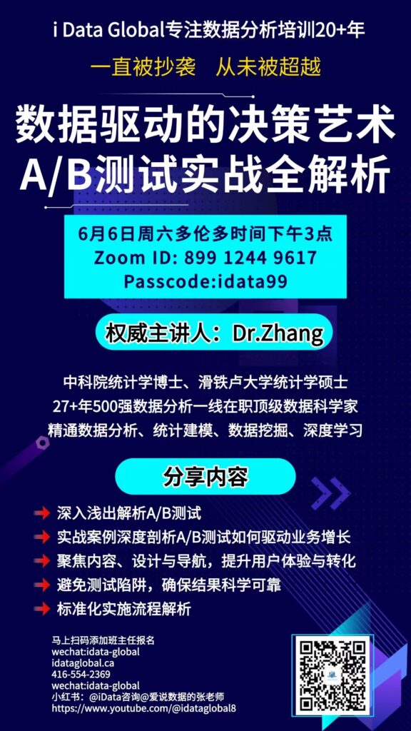 Promotional poster for a data analytics webinar by i Data Global with Zoom details and Dr. Zhang as speaker (Chinese).
